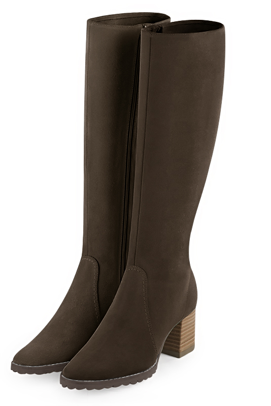 Chocolate brown women's riding knee-high boots. Round toe. Medium block heels. Made to measure. Front view - Florence KOOIJMAN